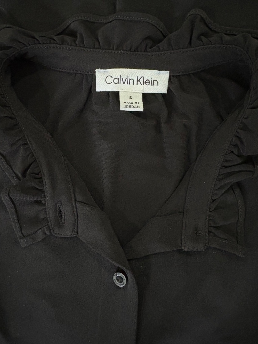 CALVIN KLEIN Jet Black Ruffle Collar Blouse WOMEN'S · SIZE SMALL · BUTTON FRONT
